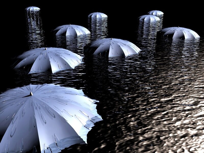 White umbrellas in dark water