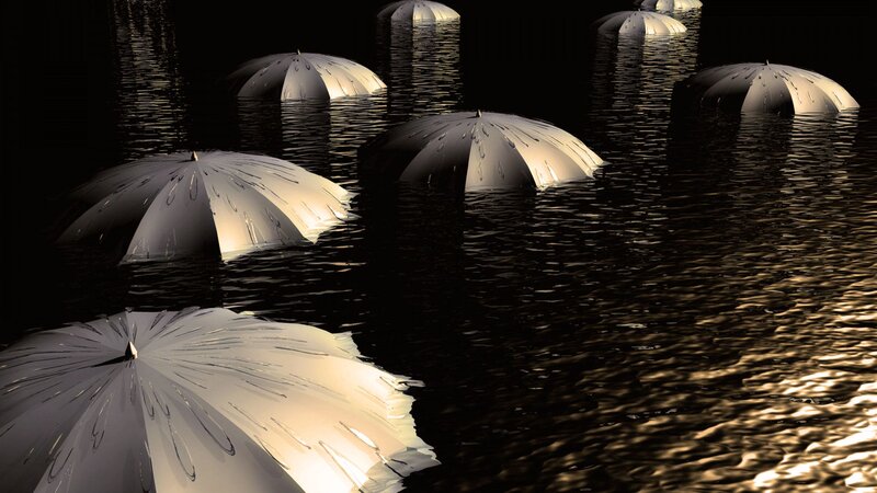 White Umbrellas in Water — Black, Dramatic