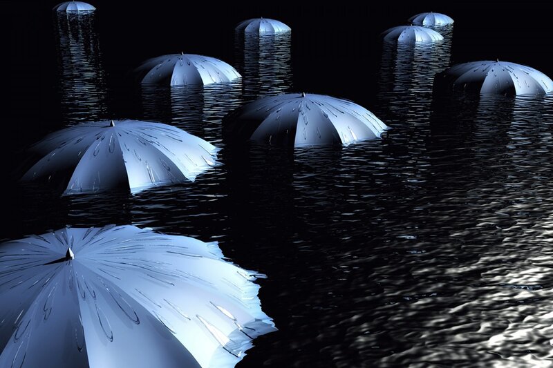 White Umbrellas in Water — Black