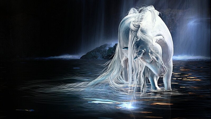 white unicorn at waterfall