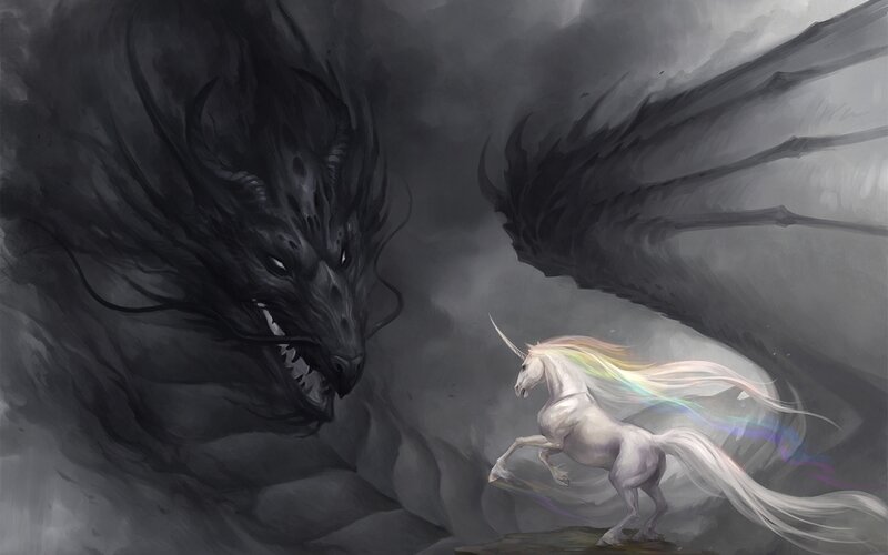 White Unicorn Facing Dragon