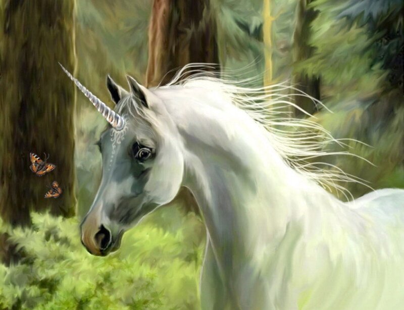 White unicorn in a forest