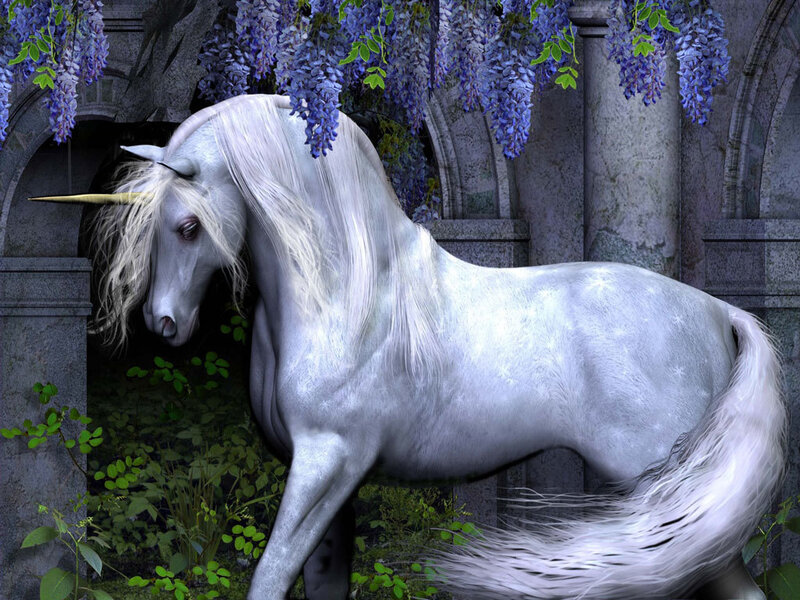 White unicorn in a garden