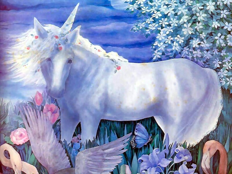 White unicorn in a magical garden