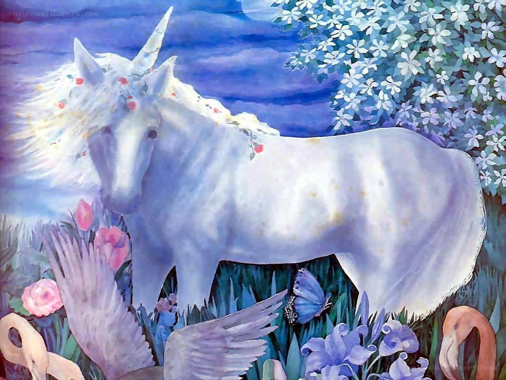 White unicorn in a magical garden