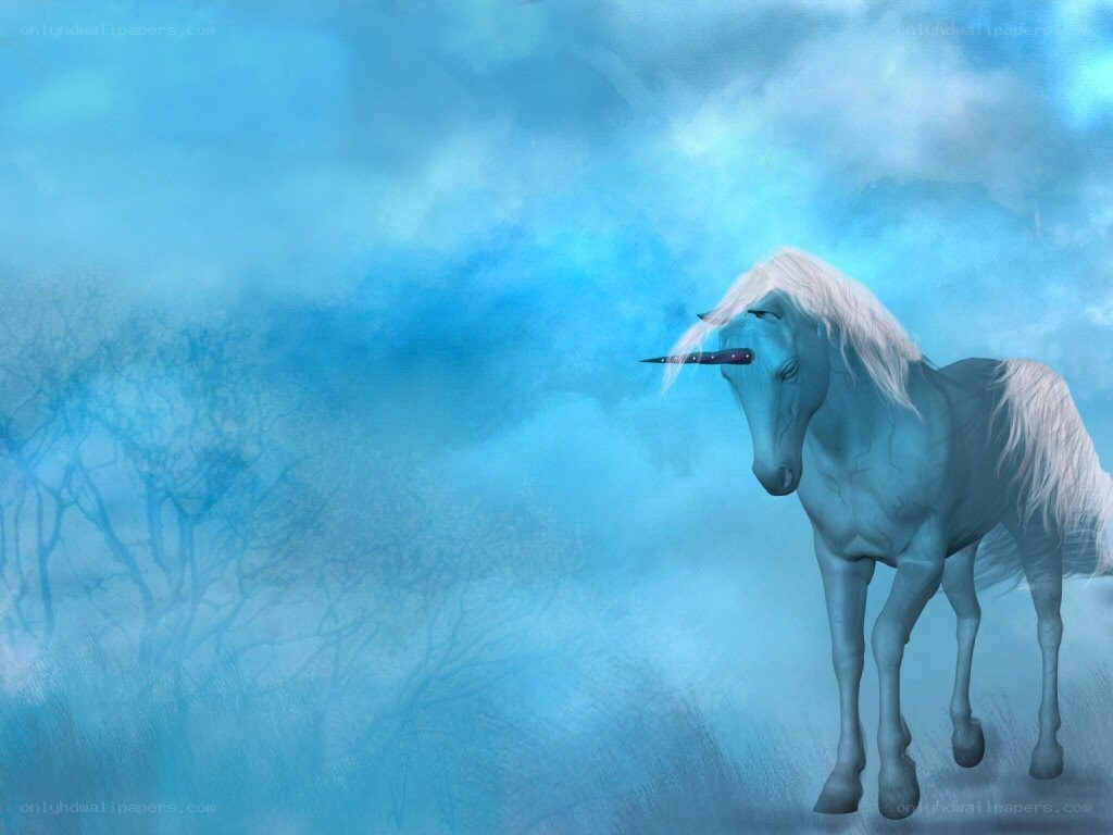 white unicorn in blue mist