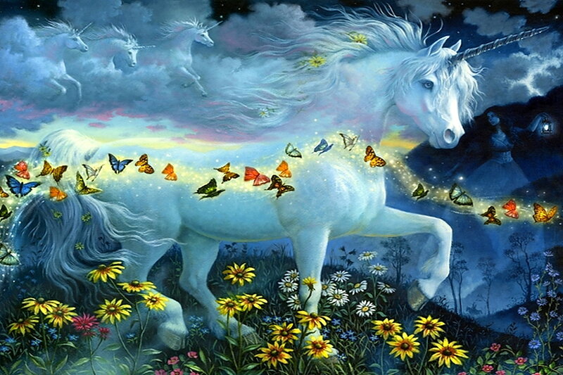 White Unicorn in Field — Blue