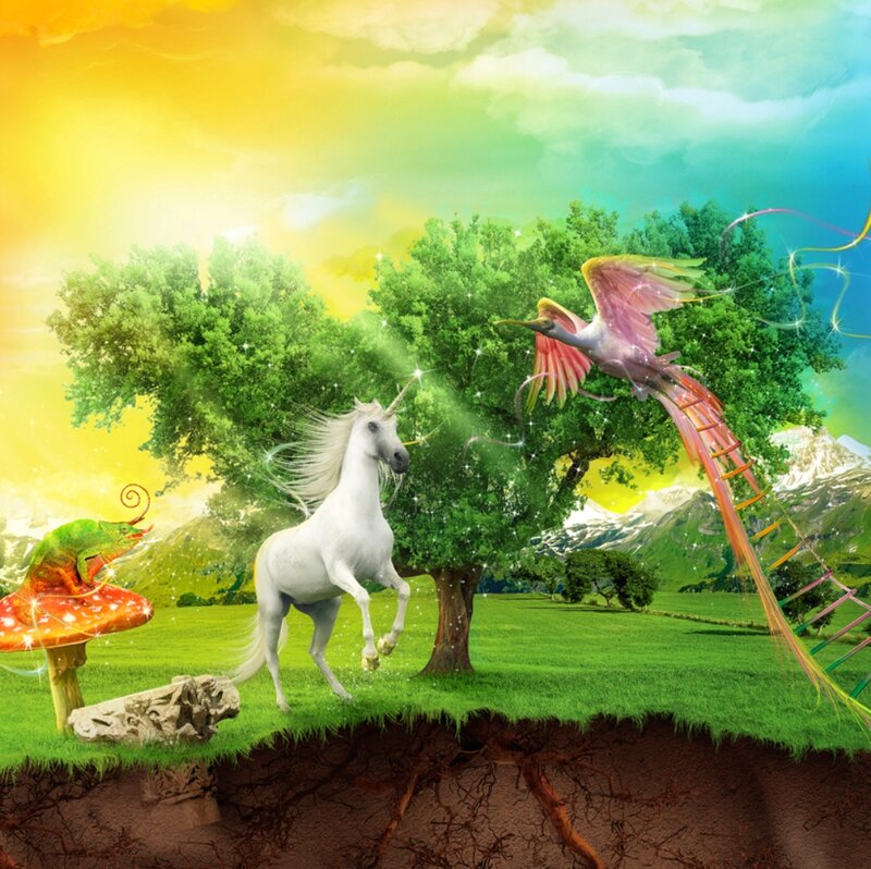 White Unicorn in Field — Green, Fantastical, Afternoon