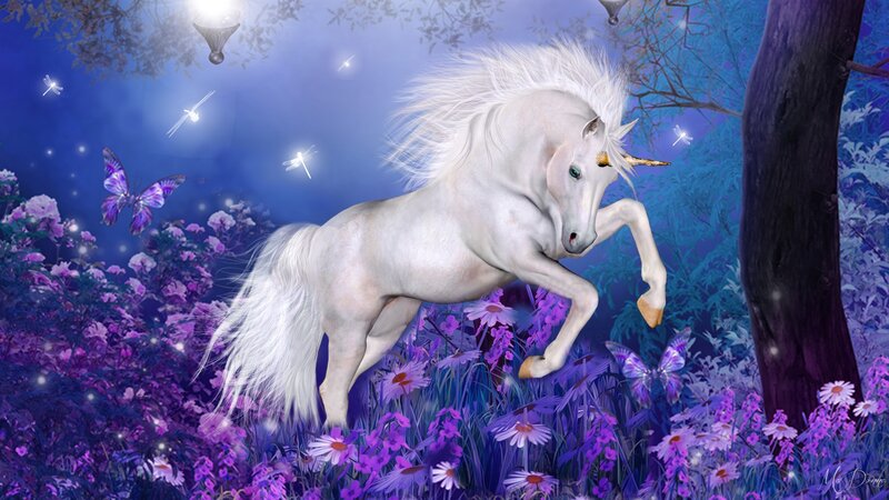 White Unicorn in Field — Purple