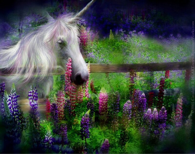 White Unicorn in Flowers — Purple