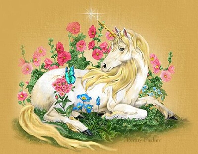 White Unicorn in Flowers — Yellow