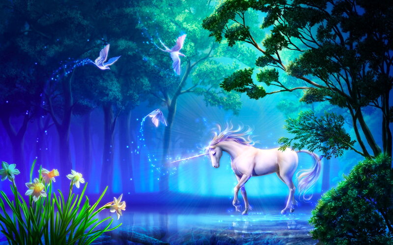 White Unicorn in Forest — Blue, Magical, Night, Digital Art