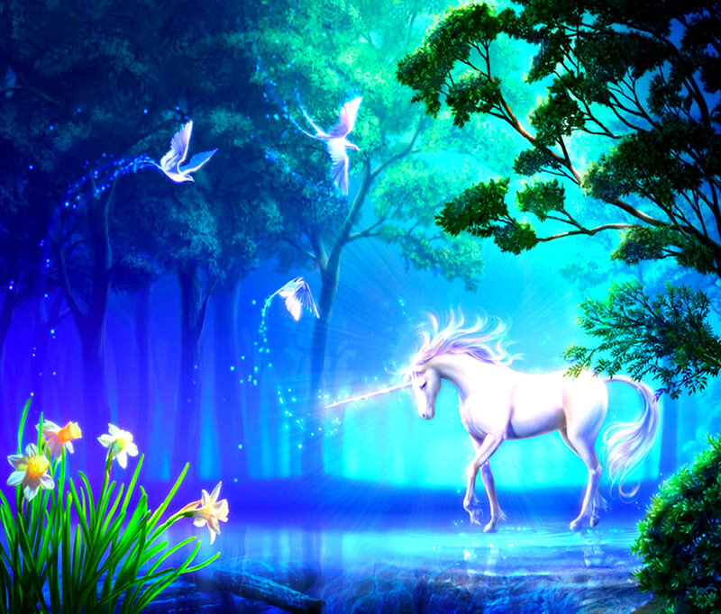White Unicorn in Forest — Blue, Magical, Night