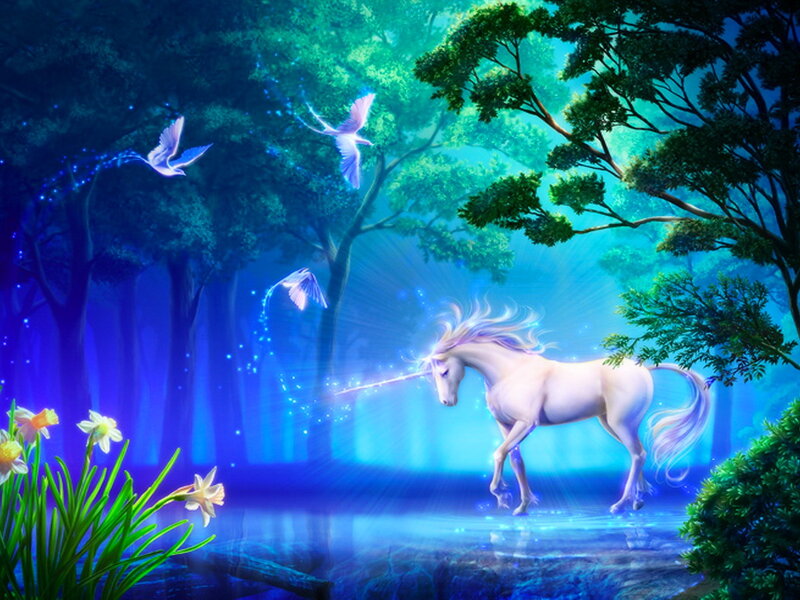 White Unicorn in Forest — Blue, Serene, Night, Digital Art
