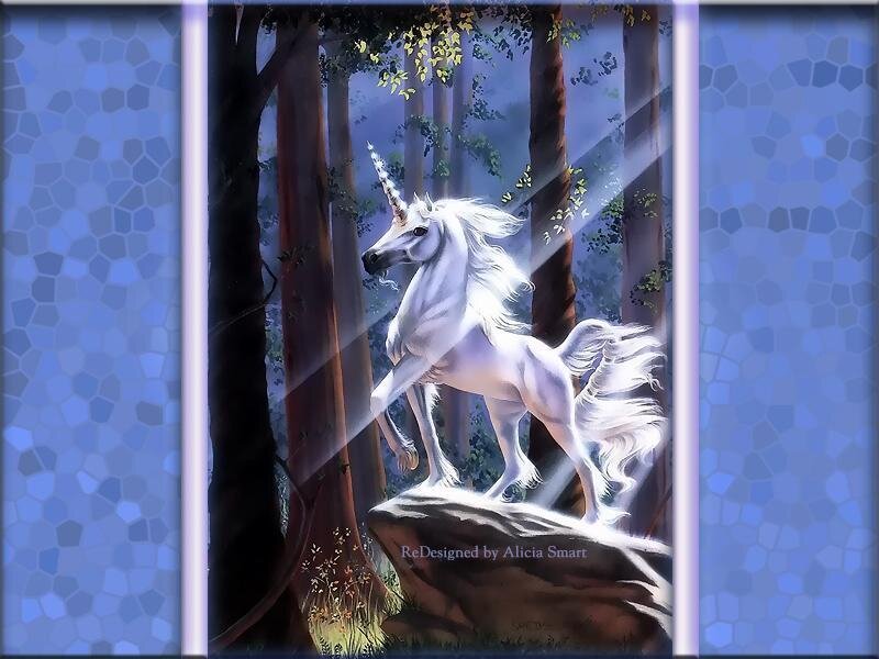 White Unicorn in Forest — Blue, Serene, Night, Digital Art, Tree