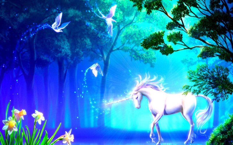 White Unicorn in Forest — Blue, Serene, Night, Digital Art, Unicorns, Birds