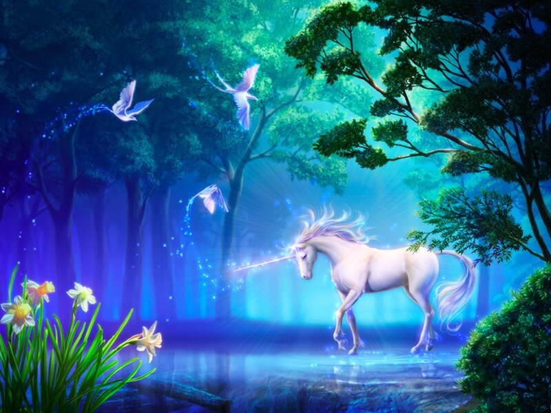 White Unicorn in Forest — Blue, Serene