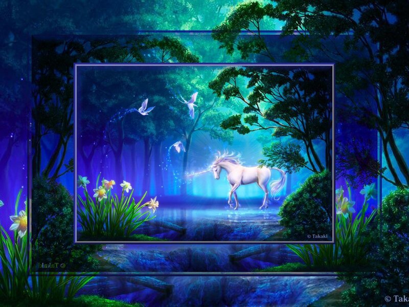 White Unicorn in Forest — Blue