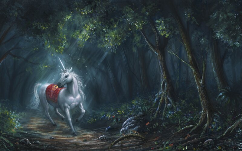 White Unicorn in Forest — Green, Mystical, Night