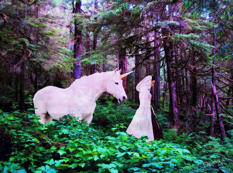 White Unicorn in Forest — Green, Mystical