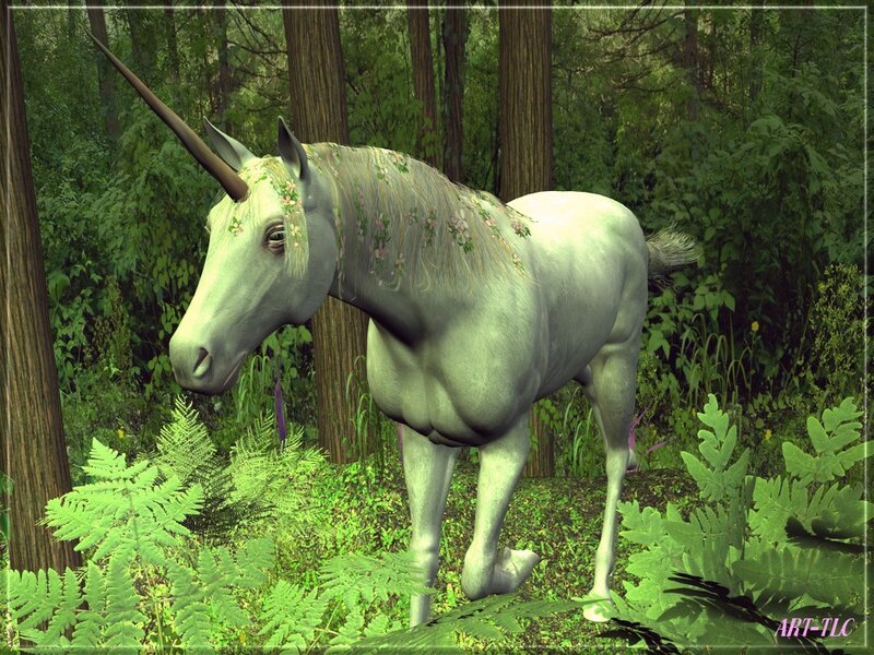 White Unicorn in Forest — Green, Serene, Afternoon, Digital Art, Trees, Flowers