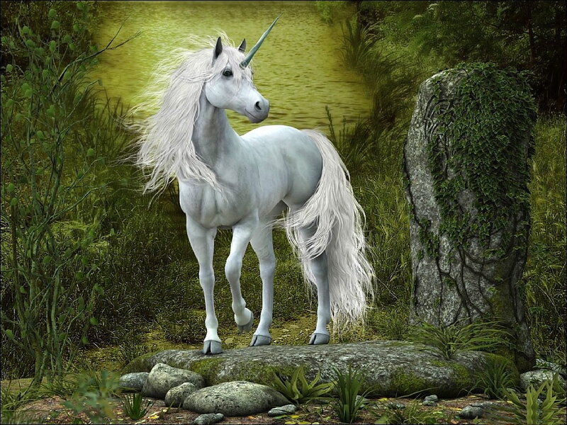 White Unicorn in Forest — Green, Serene, Afternoon