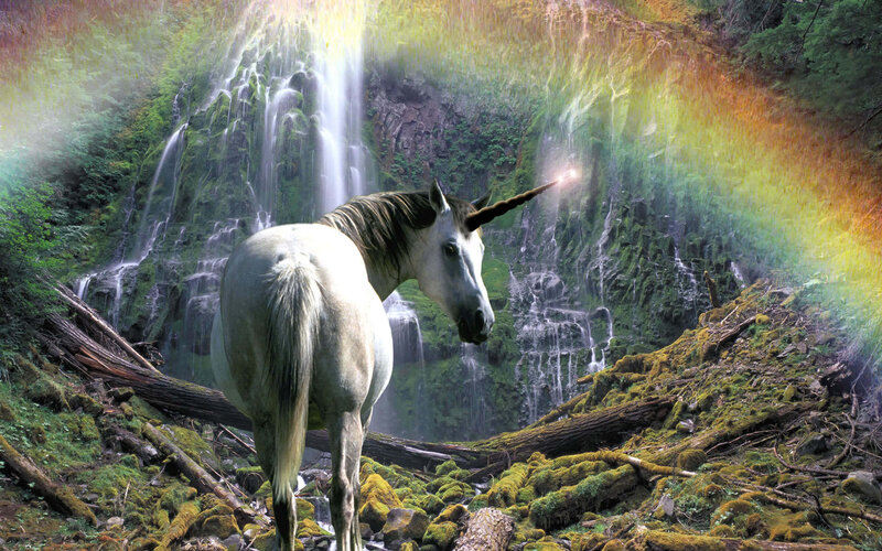 White Unicorn in Forest — Green, Serene, Digital Art, Rainbow