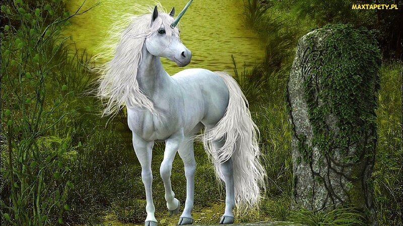 White Unicorn in Forest — Green, Serene, Digital Art, River, Stone