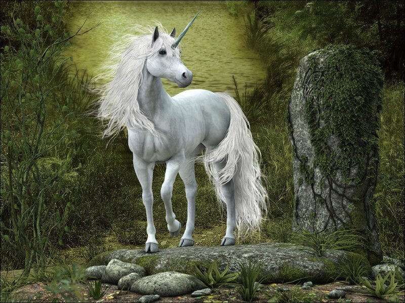 White Unicorn in Forest — Green, Serene, Digital Art, River