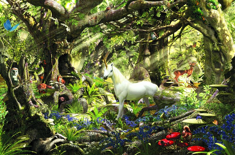 White Unicorn in Forest — Green, Serene, Morning, Digital Art, Deer