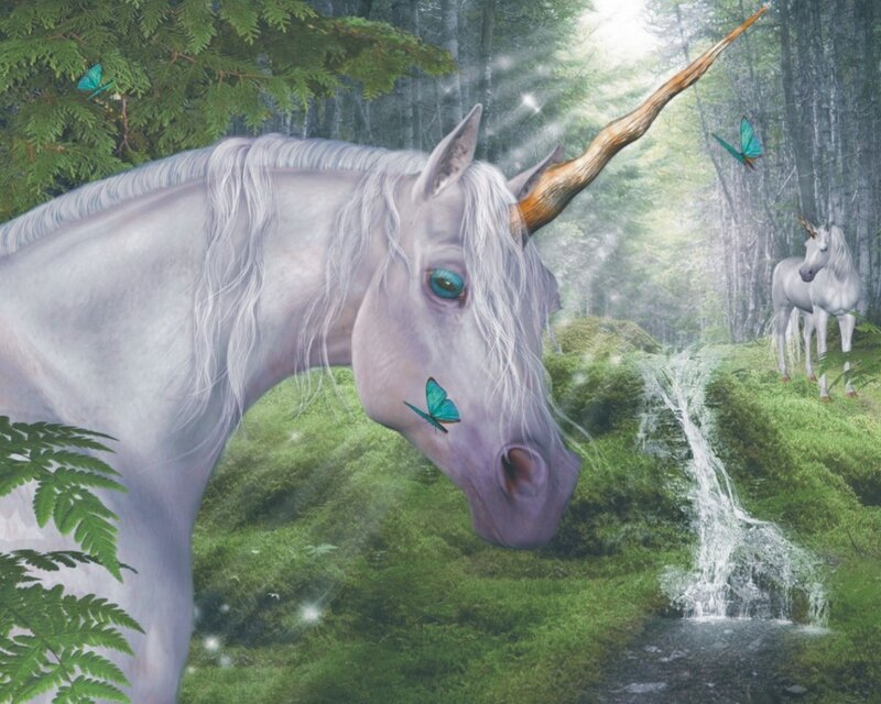 White Unicorn in Forest — Green, Serene, Morning