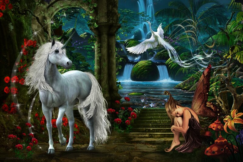 White Unicorn in Forest — Green, Serene, Night, Digital Art, Fairy