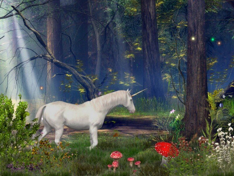 White Unicorn in Forest — Green, Serene, Night, Digital Art