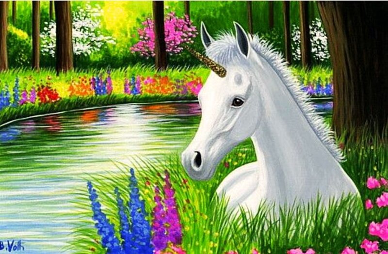 White Unicorn in Forest — Green, Serene, Spring