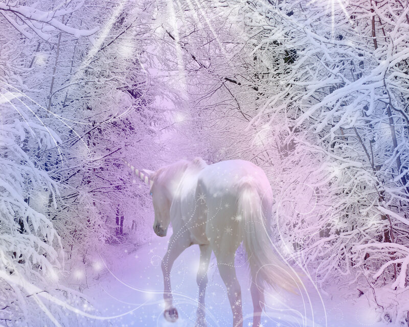 White Unicorn in Forest — Magical, Winter