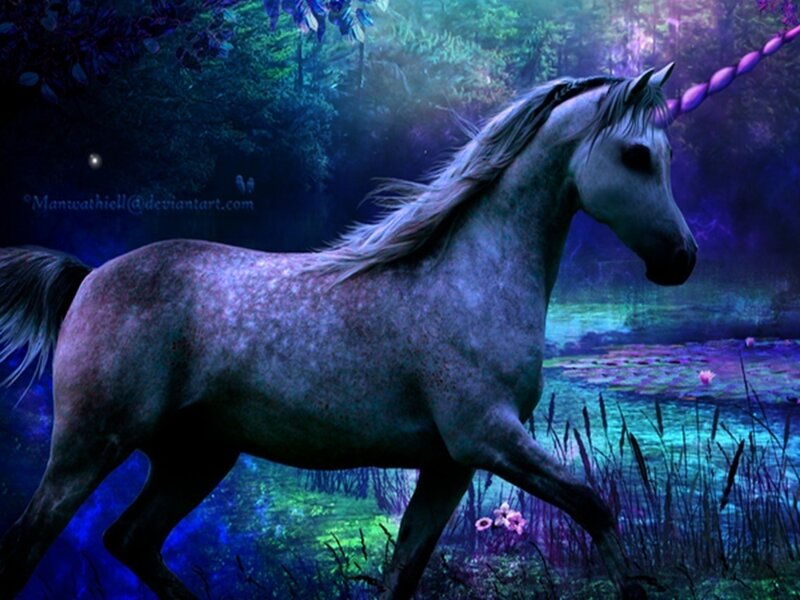 White Unicorn in Forest — Purple, Mystical, Night