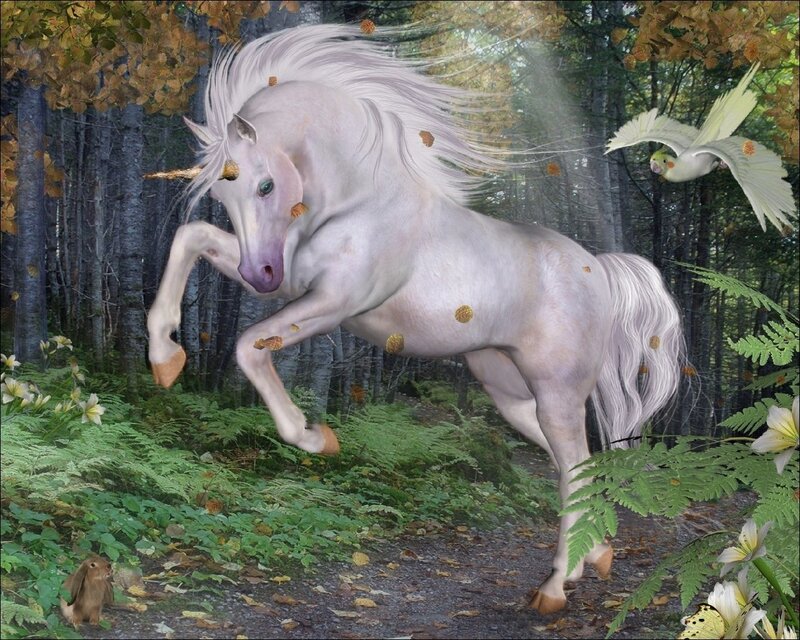 White Unicorn in Forest — Serene, Autumn, Digital Art