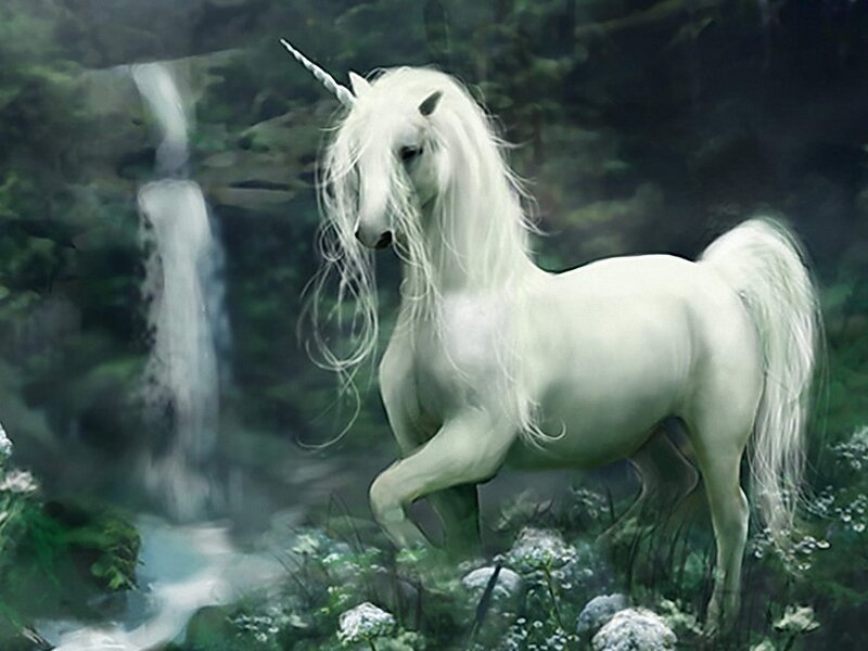 White Unicorn in Forest — Serene, Digital Art, Waterfall, Flowers