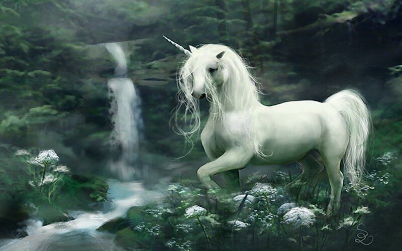 White Unicorn in Forest — Serene, Digital Art, Waterfall