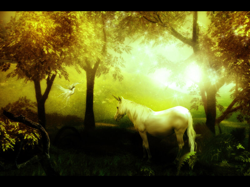 White Unicorn in Forest — Yellow, Serene, Night