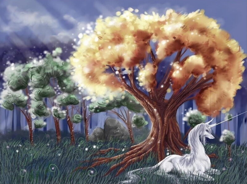 White Unicorn in Forest — Yellow, Serene