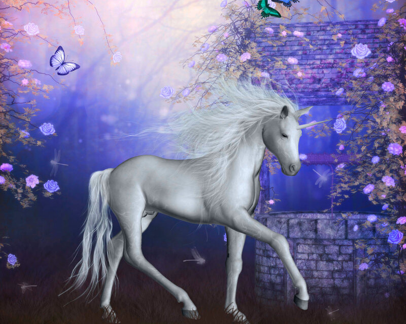 White Unicorn in Garden — Purple