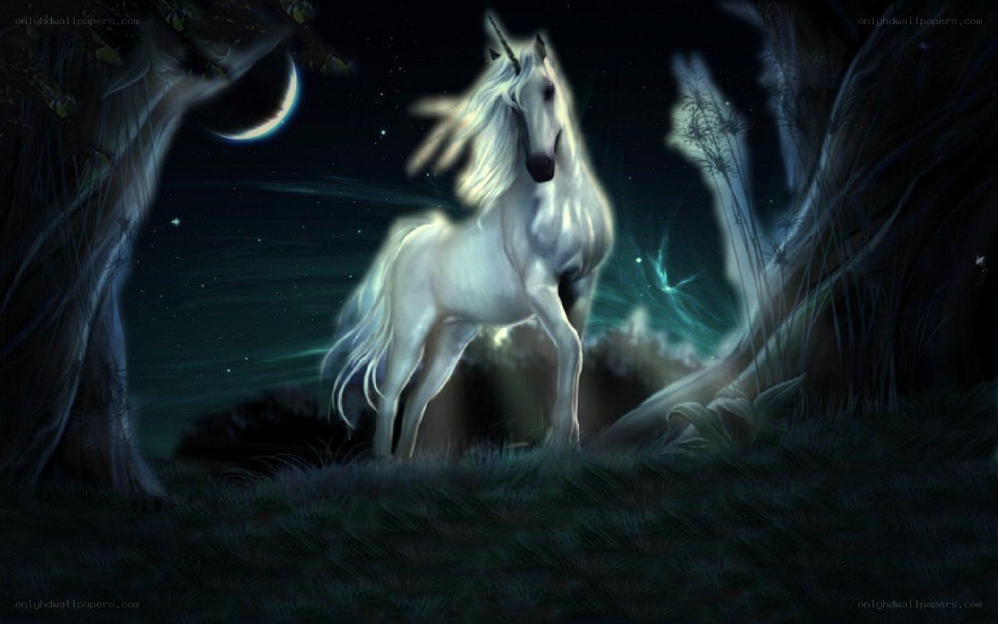 White unicorn in moonlit forest