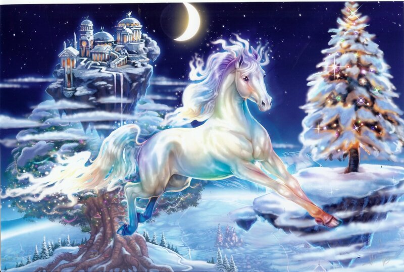 White Unicorn in Snow — Blue, Magical