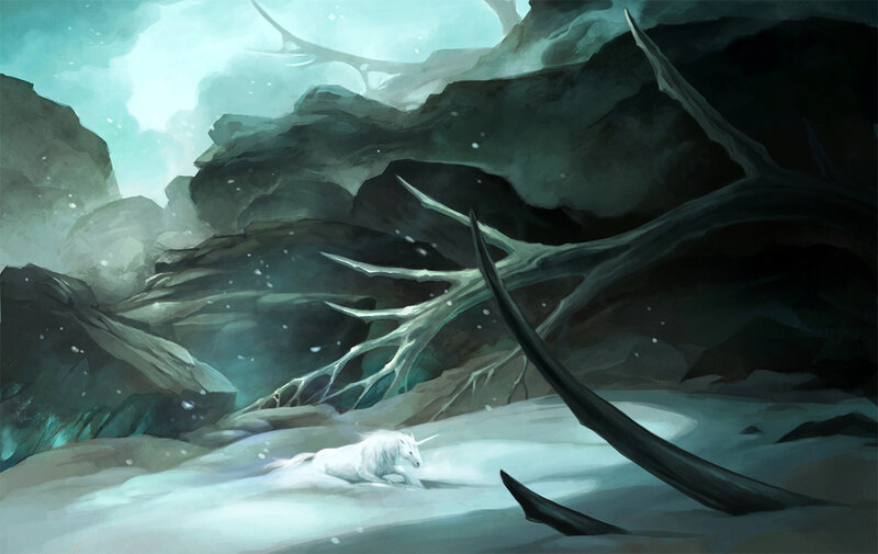 White Unicorn in Snow — Dramatic
