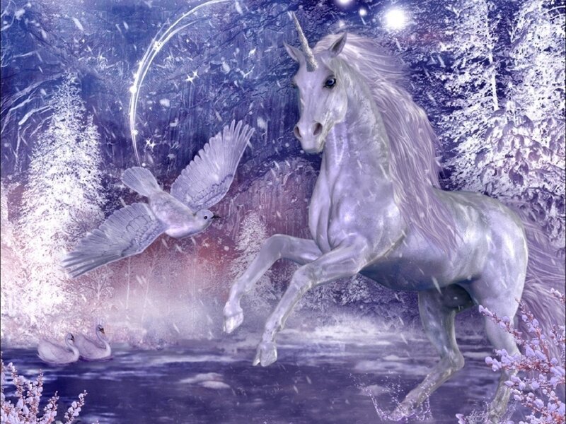 White Unicorn in Snow — Purple, Magical