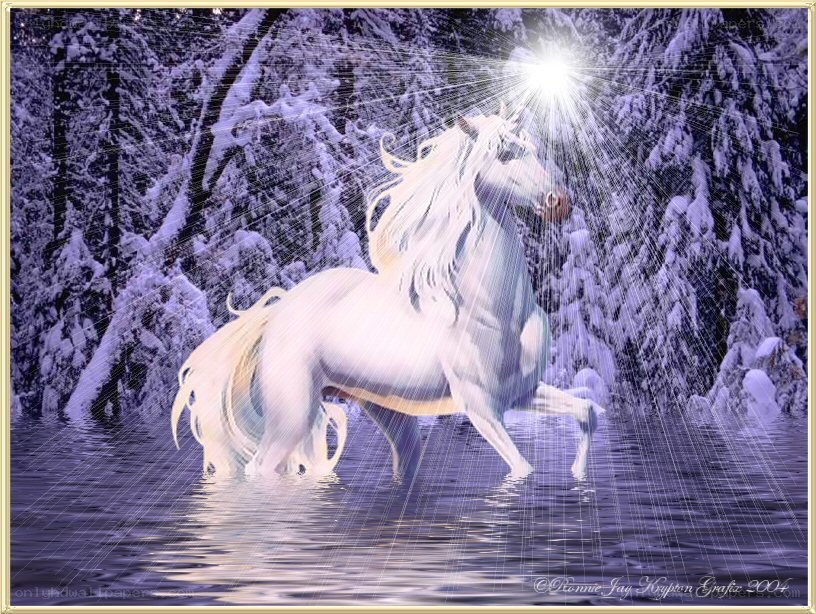 White unicorn in snowy forest