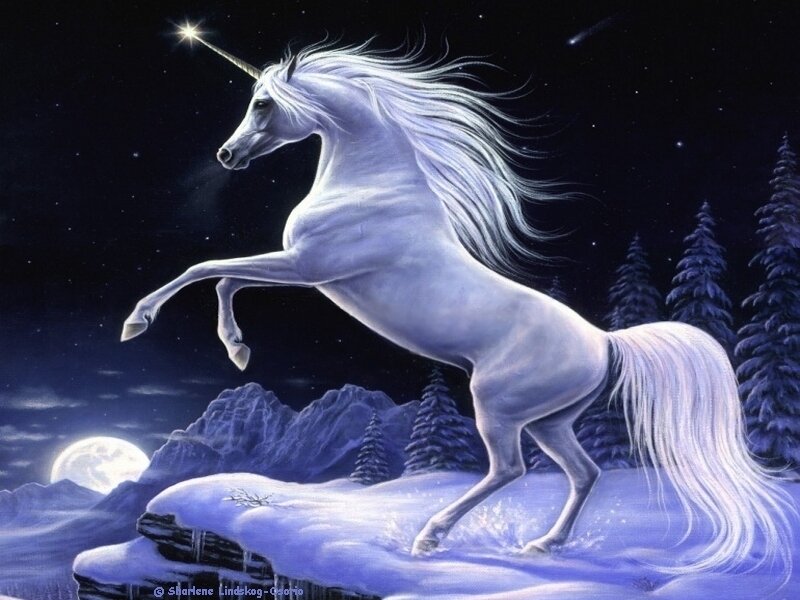 White unicorn in snowy landscape