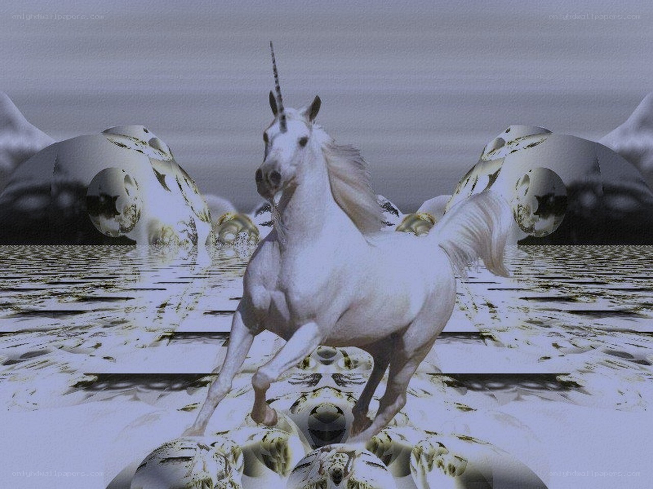 White unicorn in surreal landscape