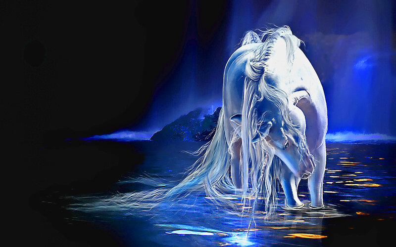 White Unicorn in Water — Blue, Dramatic, Night, Digital Art, Light Beams
